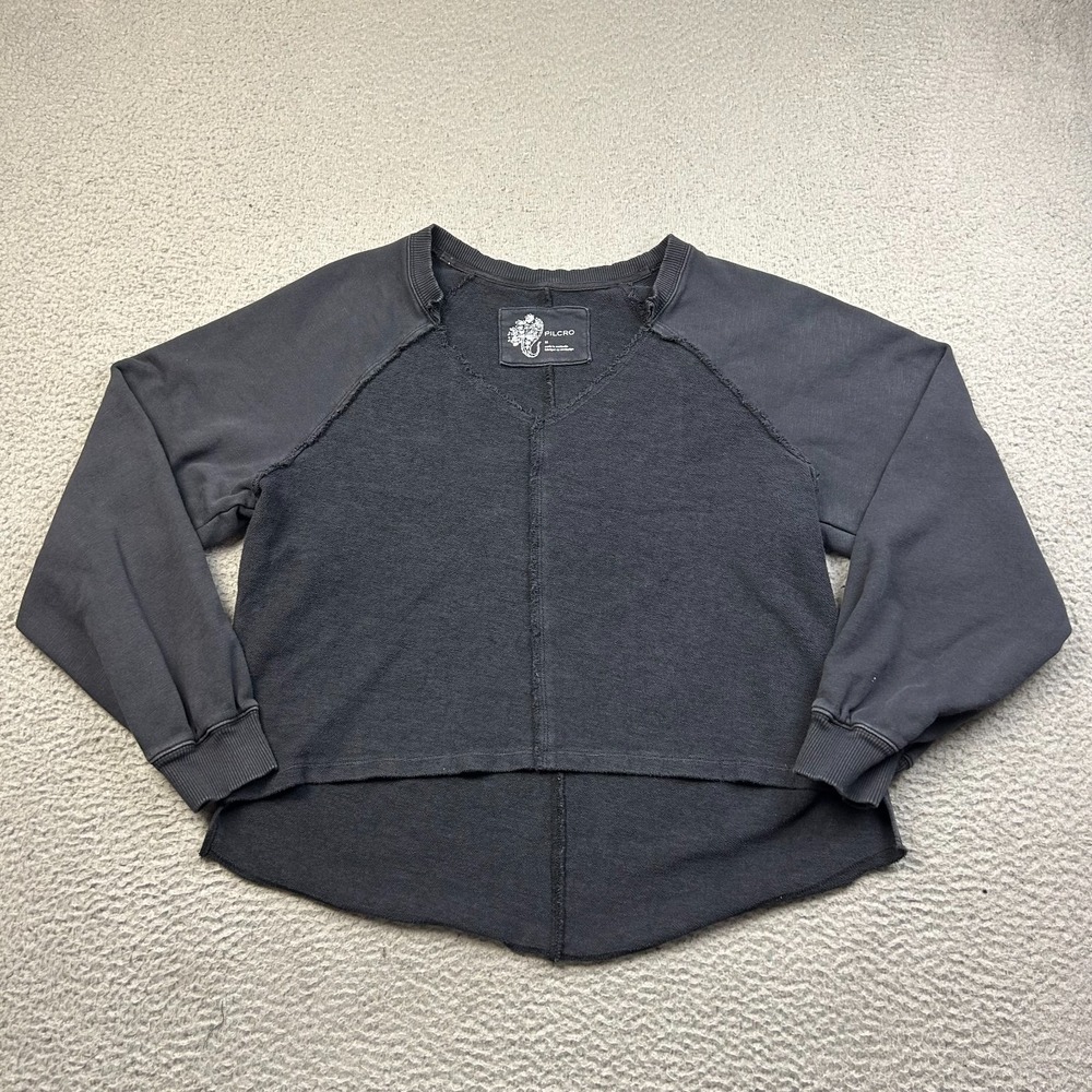 Anthropologie Pilcro Black Long sleeve V-Neck Raw Hem Crop Sweatshirt Sz Medium